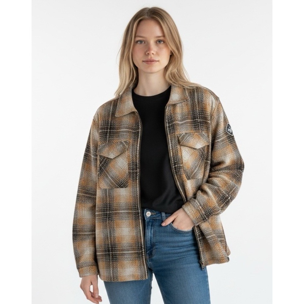 Prana Heritage Zip Shacket Unisex L 100% Organic Cotton Gold Brown Plaid EUC